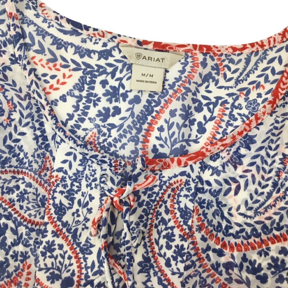 Ariat Blouse Paisley Size Medium Blue Red Long Sleeve Loose Semi Sheer Tunic - Picture 8 of 8
